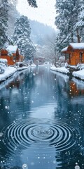 Snow-covered cabins by a calm river with ripples and falling snow.
