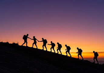 Silhouette of a group hiking up a hill, with one member helping another climb, symbolizing teamwork, resilience, and mutual support
