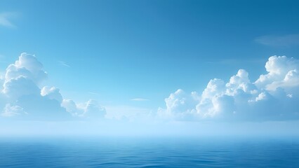 Serene Blue Sky, Wispy Clouds, and Calm Ocean, Breathtaking Panorama of Endless Cerulean Horizon