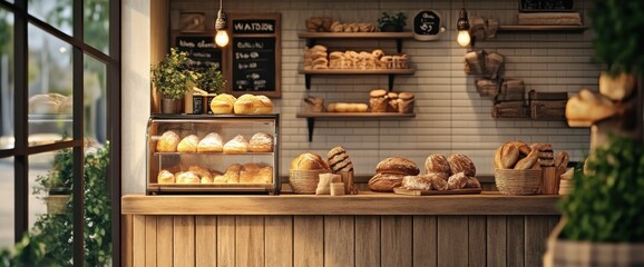 Warm, inviting bakery shop interior with freshly baked bread and pastries displayed on wooden shelves and counter.