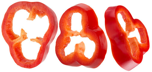 set of red bell pepper slices isolated on a white background