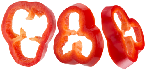 set of red bell pepper slices isolated on a white background