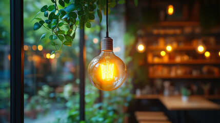 Modern Eco-Friendly Bistro Lighting with Hanging Bulb and Greenery in Stylish Decor