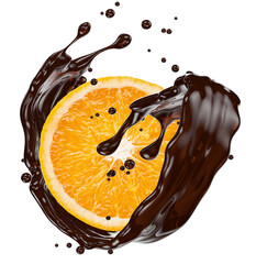 orange with chocolate splash isolated on a white background