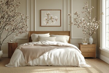 Flowers placed on a wooden stool and pouf in a white bedroom interior, with posters above the bed. This is a real photo
