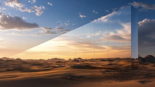 Mirrored wall like building stretching like a line through desert sand dunes in the middle east at sunset.
