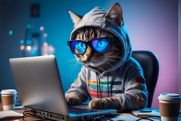 A cute programmer cat in a hoody with laptop