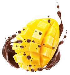 mango with chocolate splash isolated on a white background