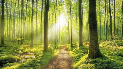 Obraz premium Sunbeams illuminate a path through a lush green forest with deer.