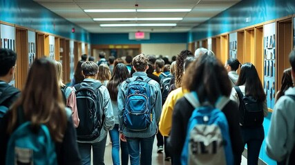 Tracking teenagers from behind as they walk in slow motion down a crowded high school hallway before the start of class. For back to school themed information.