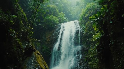 Obraz premium Lush green rainforest waterfall cascading down mossy rocks.