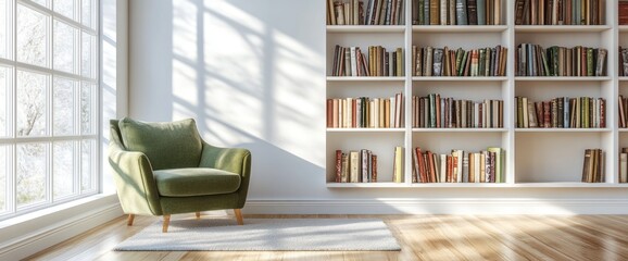 Sunlit room with green armchair and bookshelves.