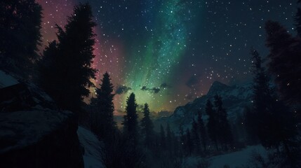 Aurora borealis lights illuminate a snowy mountain range at night, casting an ethereal glow on evergreen trees.