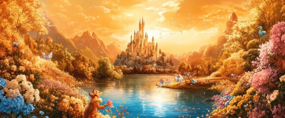 Fairytale castle sunset landscape with magical creatures and flowers.