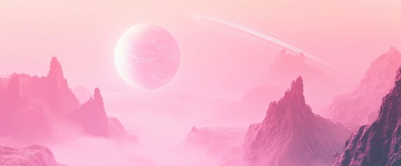 Pink alien planet landscape with mountains and a large moon.