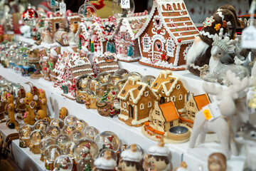 Variety of Christmas ornaments, snow globes and decorations at a Christmas Market in Strasbourg France