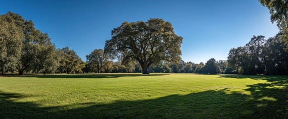 Naklejka premium Majestic oak tree in a sunlit green park.
