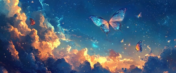 Fototapeta premium Magical butterflies soar through a vibrant sunset sky filled with fluffy clouds and sparkling stars.