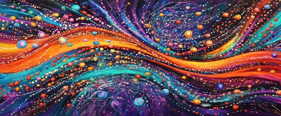 Vibrant cosmic swirl with colorful orbs and flowing lines.