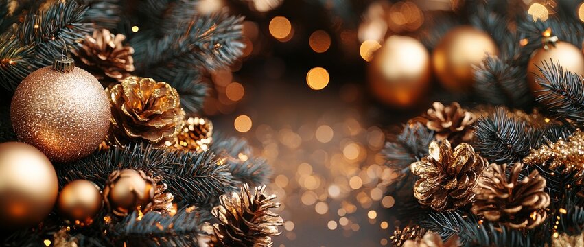 Gold and dark blue fireworks and bokeh on New Year's Eve in a copy space. Abstract holiday background