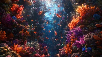 Obraz premium Vibrant coral reef teeming with colorful fish, sunlight filtering through water.
