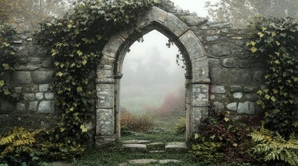 Mystical stone archway overgrown with ivy, leading to a foggy autumn garden.