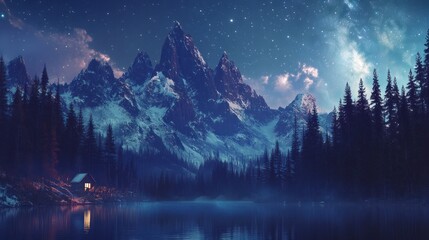 Night scene of a cabin nestled in a snowy mountain range reflecting on a calm lake under a starry sky.