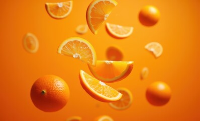 Vibrant floating orange slices on orange background