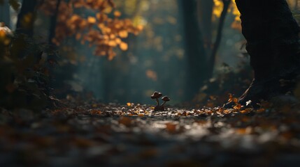 Obraz premium Two small mushrooms sprout amidst autumn leaves on a forest floor path, bathed in soft sunlight.