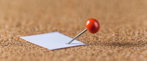 Red pushpin secures blank white note on corkboard.