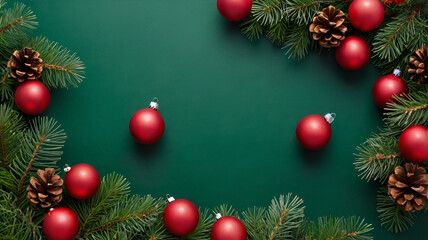 Naklejka premium New Year's decorations, pinecones, and beautifully wrapped gifts artfully arranged on a lush green background, creating a festive and natural holiday scene.