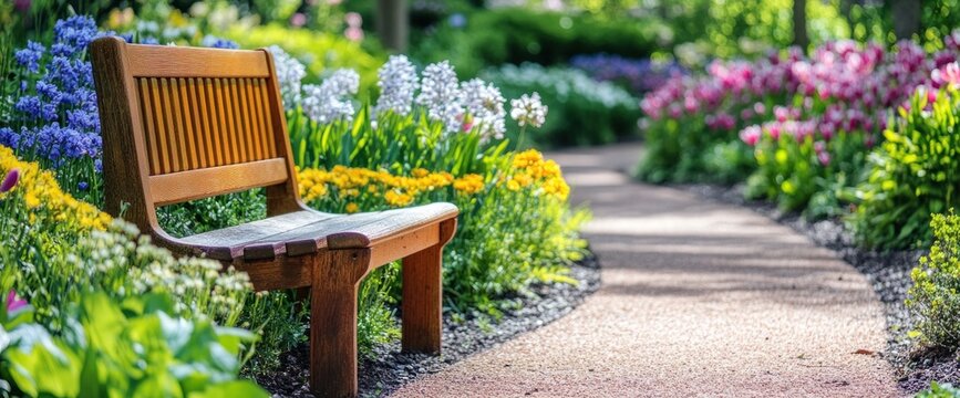 Wooden bench in a vibrant spring garden with a pathway.