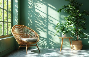 A minimalist Scandinavian interior featuring an empty wall and a cozy armchair. Rendered as a 3D illustration