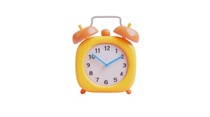 3d rendering of a yellow alarm clock ringing, showing eight o'clock, isolated on transparent background with clipping path
