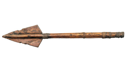 Ancient wooden spear with sharpened tip, isolated on transparent background, perfect for history or anthropology projects