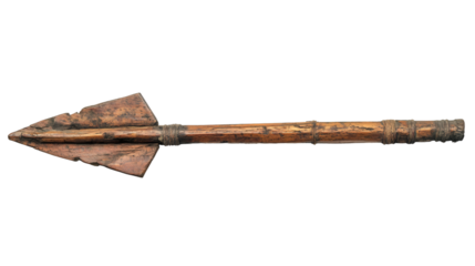 Ancient wooden spear with sharpened tip, isolated on transparent background, perfect for history or anthropology projects