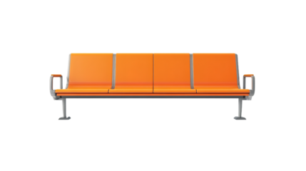 Row of orange waiting chairs isolated on transparent background, ideal for travel or transportation concepts