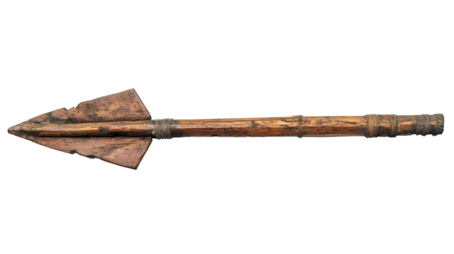 Ancient wooden spear with sharpened tip, isolated on transparent background, perfect for history or anthropology projects