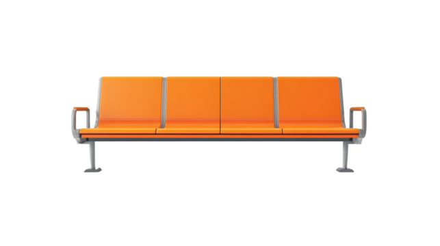 Row of orange waiting chairs isolated on transparent background, ideal for travel or transportation concepts