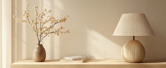 Beige vase with dried flowers, gold lamp, and books on a wooden shelf.