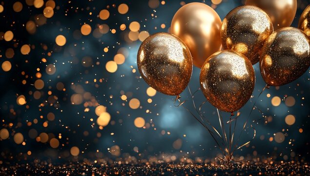 Modern birthday banner featuring gold and orange balloons with a cartoon celebration theme, set against a golden backdrop, complete with party confetti, frame, and retirement element