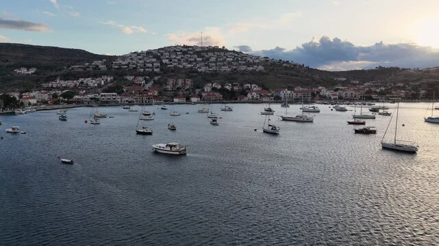 Aerial View of Fo&ccedil;a Coastline with Sailing Boats and Yachts on the Turquoise Aegean Sea in İzmir Turkey