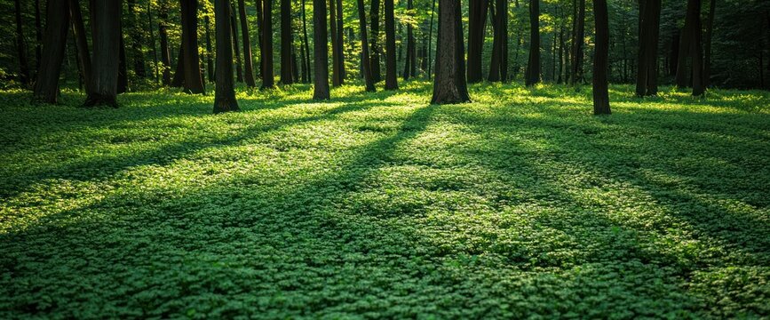 Sunlit forest floor with tall trees casting shadows on lush green ground cover.
