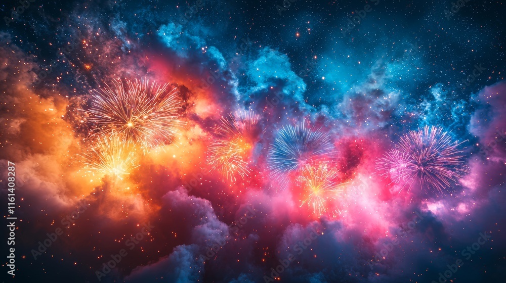 Poster fireworks in an array of brilliant colors illuminate the dark heavens, creating an enchanting celebr