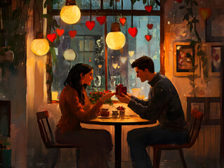 Naklejka premium Romantic dinner between a couple in a cozy cafe decorated for Valentine’s Day