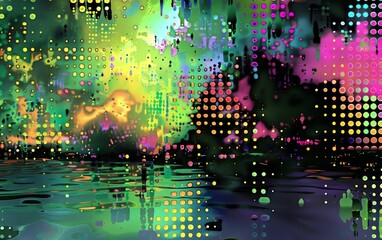 Vibrant abstract digital art with colorful dotted patterns over reflective water. Modern design backdrop, abstract theme, dynamic light effects.
