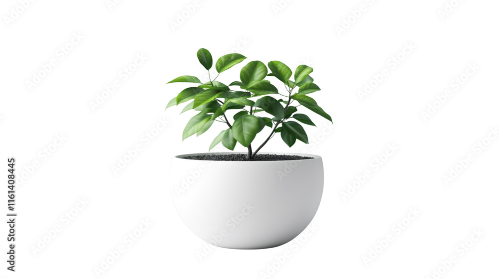 Poster 3d rendering of a small potted plant with green leaves in a white spherical pot on a transparent bac
