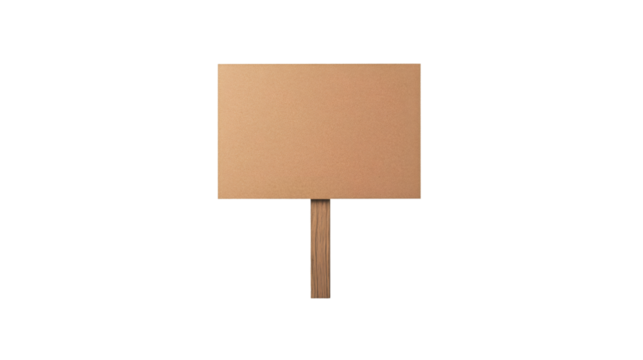 Blank cardboard sign mounted on wooden stick, transparent background ready for personalized messaging
