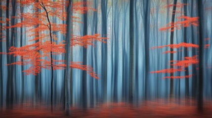 Obraz premium Dreamlike autumn forest scene with vibrant red foliage and misty blue trees.
