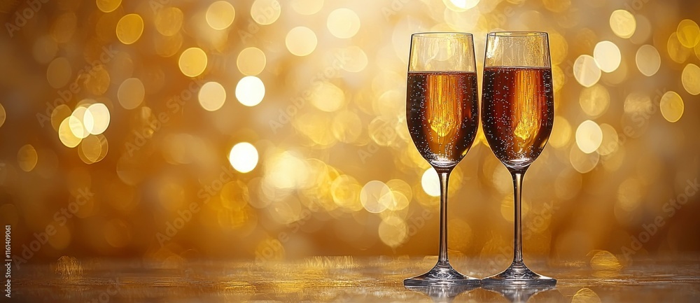 Poster a table adorned with champagne glasses and golden glitter, set against a blurred background with a b